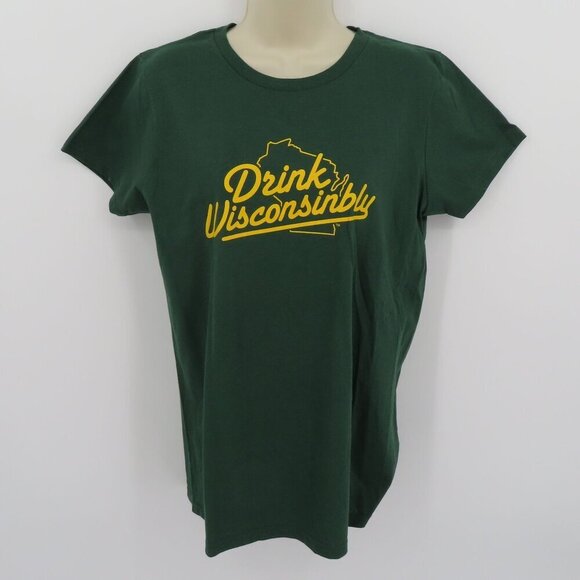 Drink Wisconsinbly Women Large Green Yellow Crew Neck Short Sleeve T Shirt NEW - Picture 7 of 7